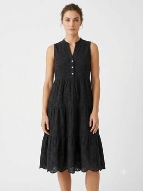 NWT Civico 51 A-Line Dress Womens S Black Eyelet Split V-Neck Tiered Wide Strap